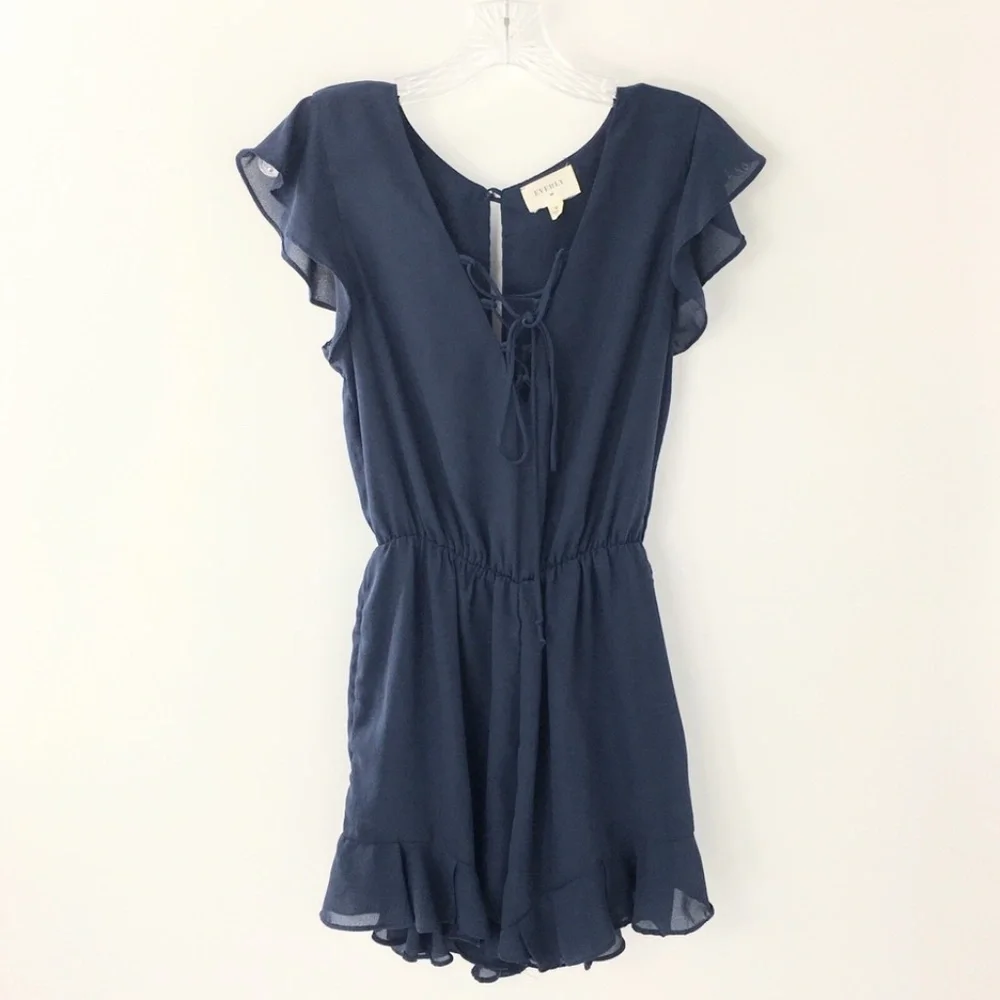 Everly Womens Romper Flutter Sleeves Elastic Waist Summer Tie Feminine Navy Sz - Picture 12 of 15